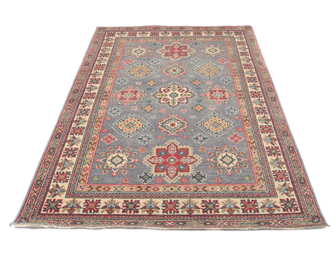 4x7 Gray Kuba Afghan Hand Knotted Wool Area Rug